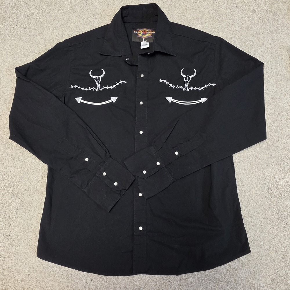 VINTAGE Rodeo Bravo Men Button Up Shirt Large Black Cowboy Western Pearl Snap 90